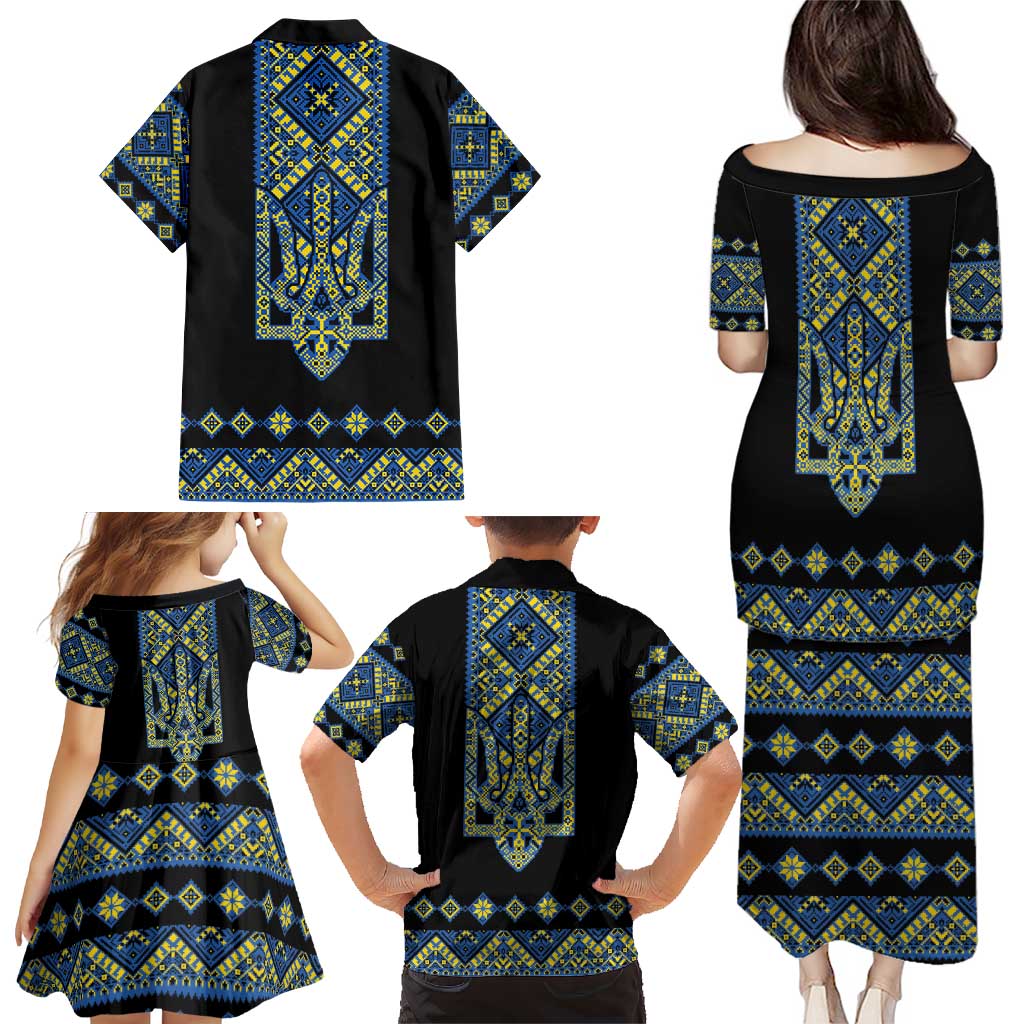 Ukraine Bandura Vyshyvanka Pattern Family Matching Puletasi and Hawaiian Shirt Ukrainian Heritage Folk Black Version