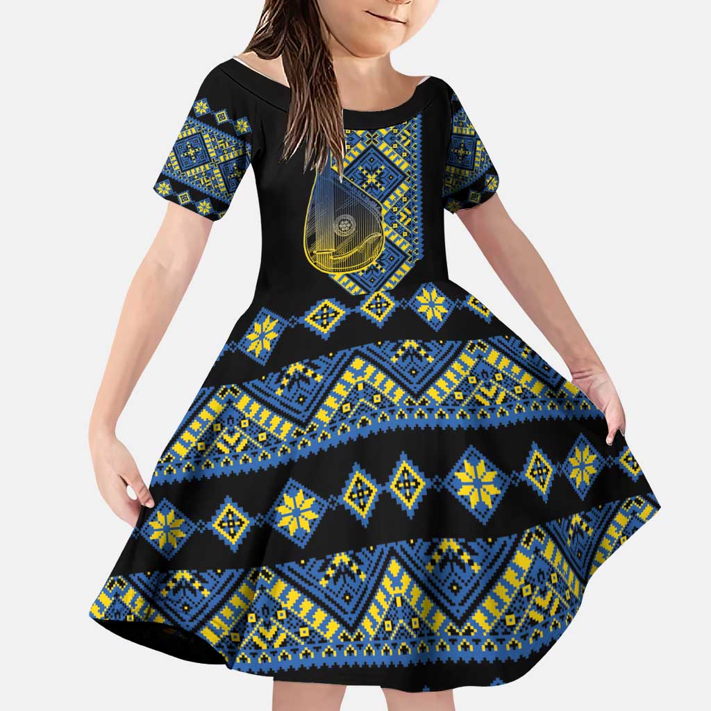 Ukraine Bandura Vyshyvanka Pattern Family Matching Short Sleeve Bodycon Dress and Hawaiian Shirt Ukrainian Heritage Folk Black Version