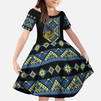 Ukraine Bandura Vyshyvanka Pattern Family Matching Short Sleeve Bodycon Dress and Hawaiian Shirt Ukrainian Heritage Folk Black Version