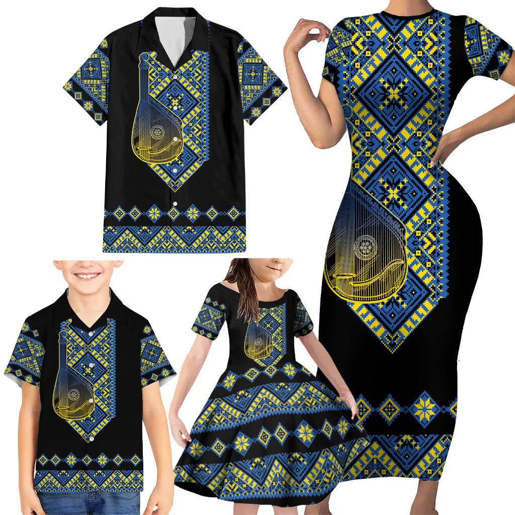 Ukraine Bandura Vyshyvanka Pattern Family Matching Short Sleeve Bodycon Dress and Hawaiian Shirt Ukrainian Heritage Folk Black Version