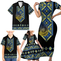 Ukraine Bandura Vyshyvanka Pattern Family Matching Short Sleeve Bodycon Dress and Hawaiian Shirt Ukrainian Heritage Folk Black Version
