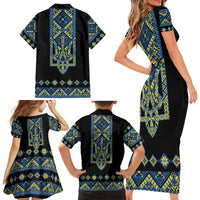 Ukraine Bandura Vyshyvanka Pattern Family Matching Short Sleeve Bodycon Dress and Hawaiian Shirt Ukrainian Heritage Folk Black Version