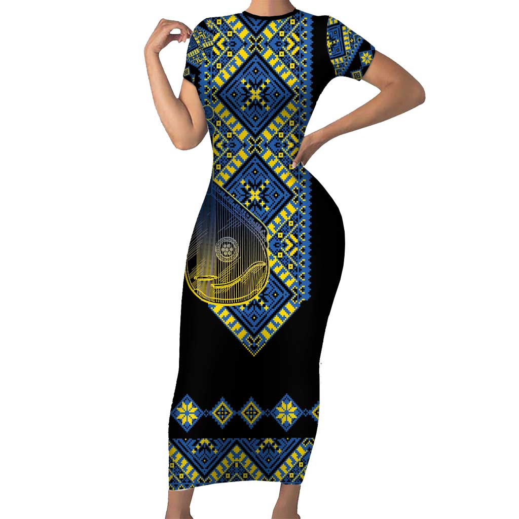 Ukraine Bandura Vyshyvanka Pattern Family Matching Short Sleeve Bodycon Dress and Hawaiian Shirt Ukrainian Heritage Folk Black Version
