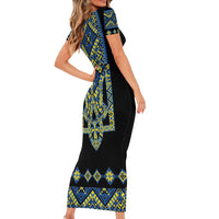 Ukraine Bandura Vyshyvanka Pattern Family Matching Short Sleeve Bodycon Dress and Hawaiian Shirt Ukrainian Heritage Folk Black Version