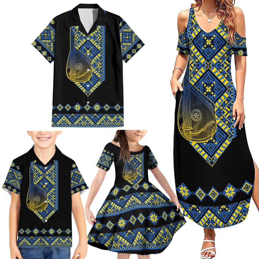 Ukraine Bandura Vyshyvanka Pattern Family Matching Summer Maxi Dress and Hawaiian Shirt Ukrainian Heritage Folk Black Version