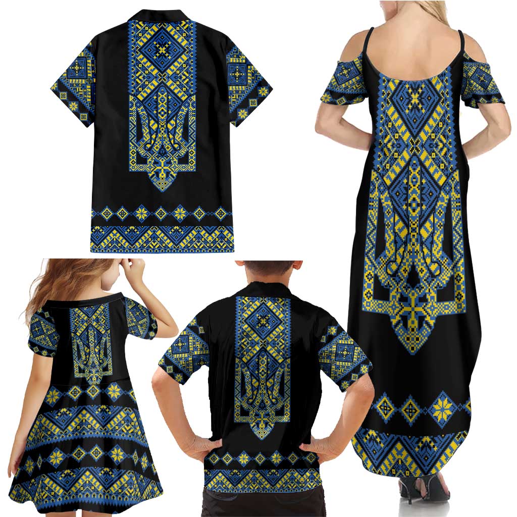 Ukraine Bandura Vyshyvanka Pattern Family Matching Summer Maxi Dress and Hawaiian Shirt Ukrainian Heritage Folk Black Version