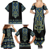 Ukraine Bandura Vyshyvanka Pattern Family Matching Summer Maxi Dress and Hawaiian Shirt Ukrainian Heritage Folk Black Version
