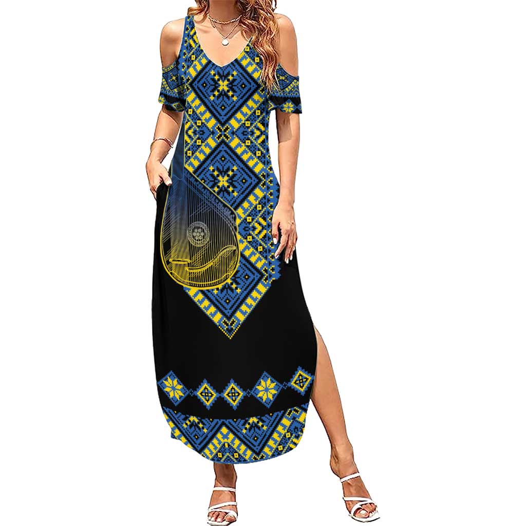 Ukraine Bandura Vyshyvanka Pattern Family Matching Summer Maxi Dress and Hawaiian Shirt Ukrainian Heritage Folk Black Version