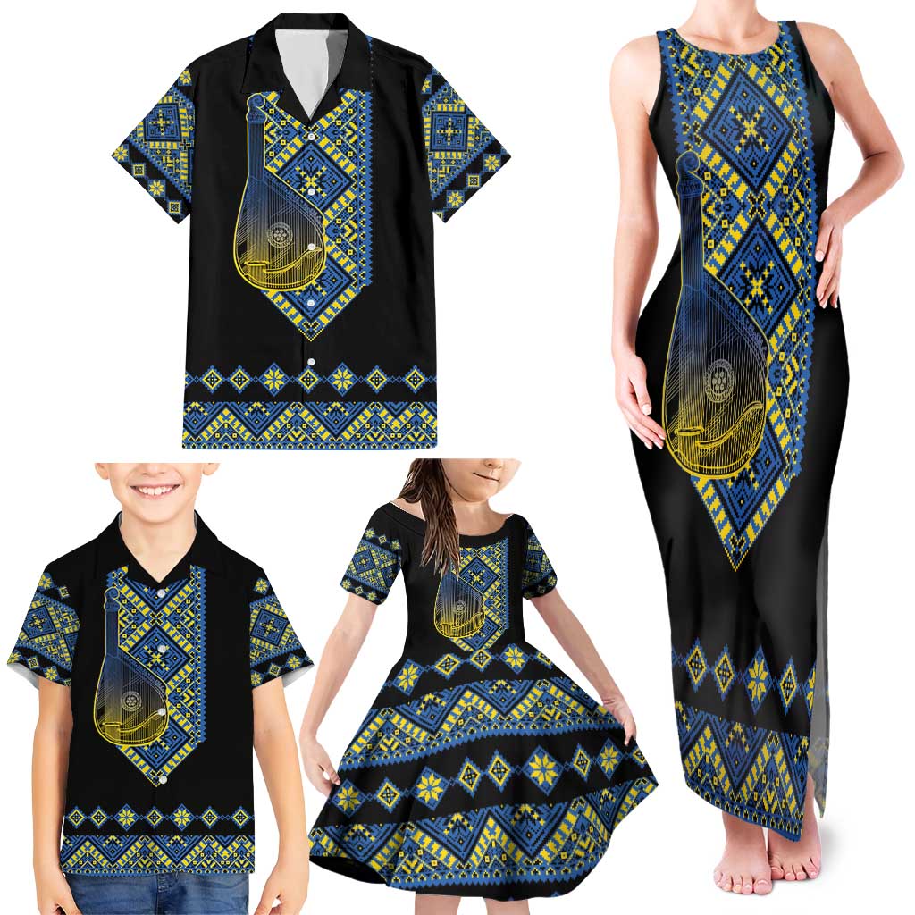 Ukraine Bandura Vyshyvanka Pattern Family Matching Tank Maxi Dress and Hawaiian Shirt Ukrainian Heritage Folk Black Version