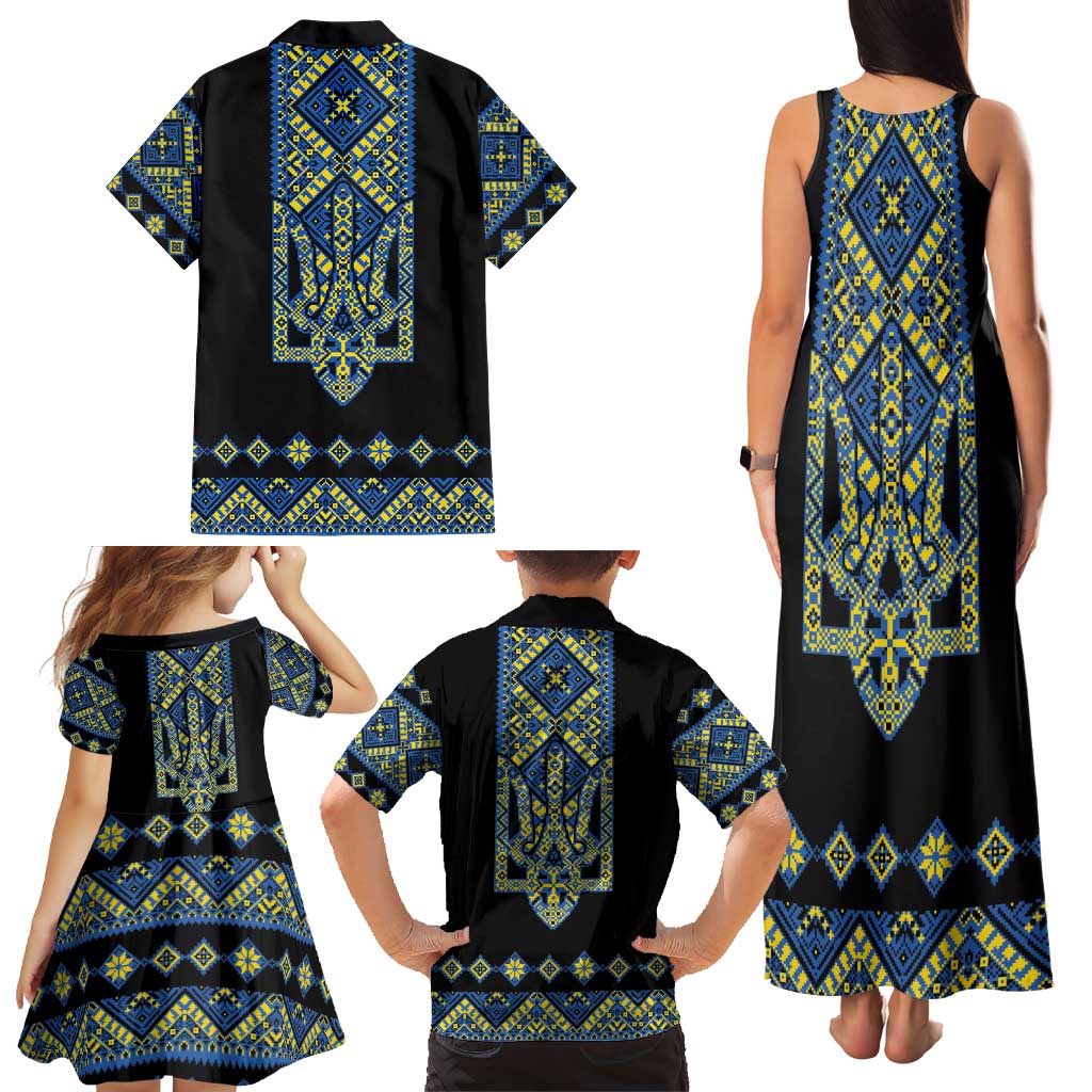 Ukraine Bandura Vyshyvanka Pattern Family Matching Tank Maxi Dress and Hawaiian Shirt Ukrainian Heritage Folk Black Version