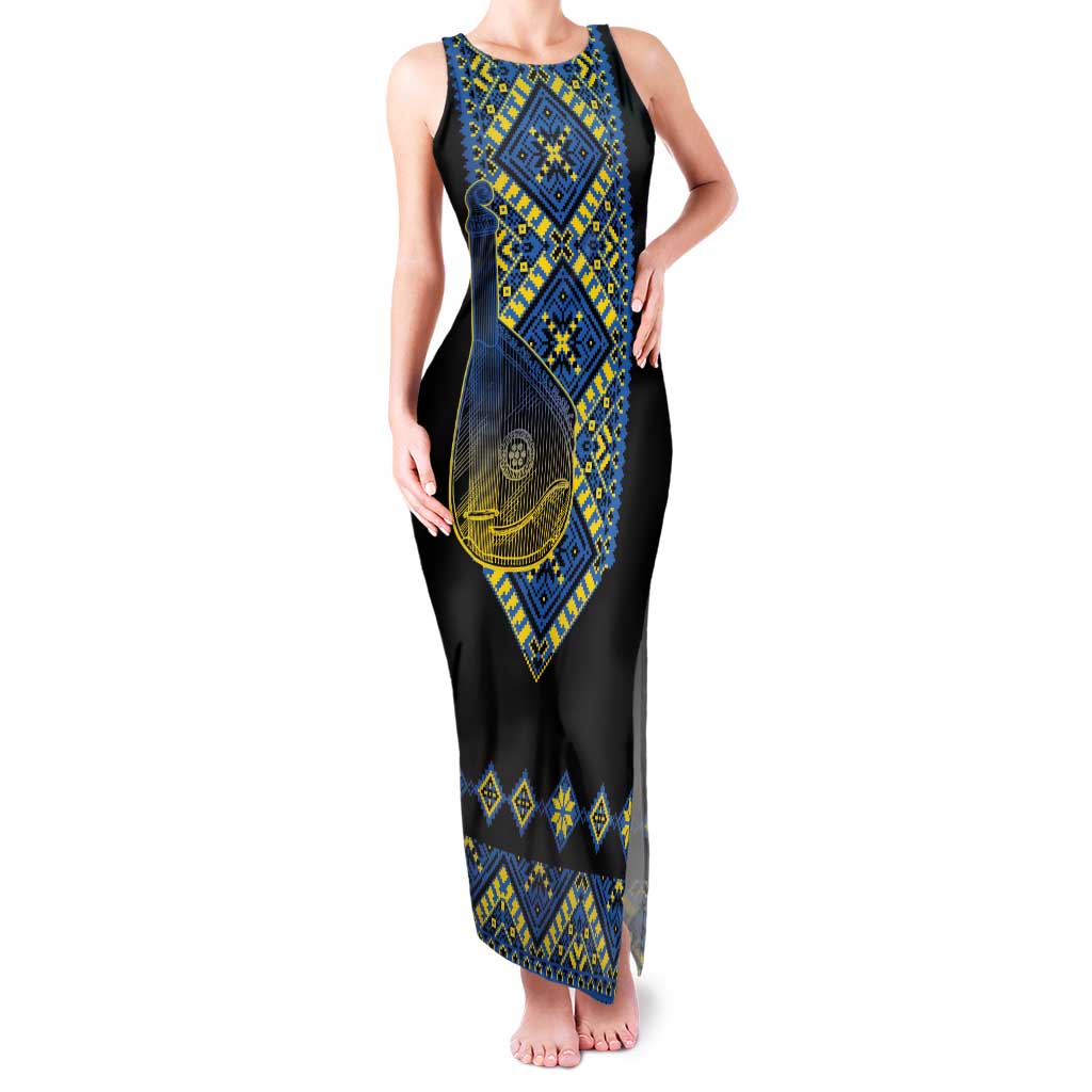 Ukraine Bandura Vyshyvanka Pattern Family Matching Tank Maxi Dress and Hawaiian Shirt Ukrainian Heritage Folk Black Version