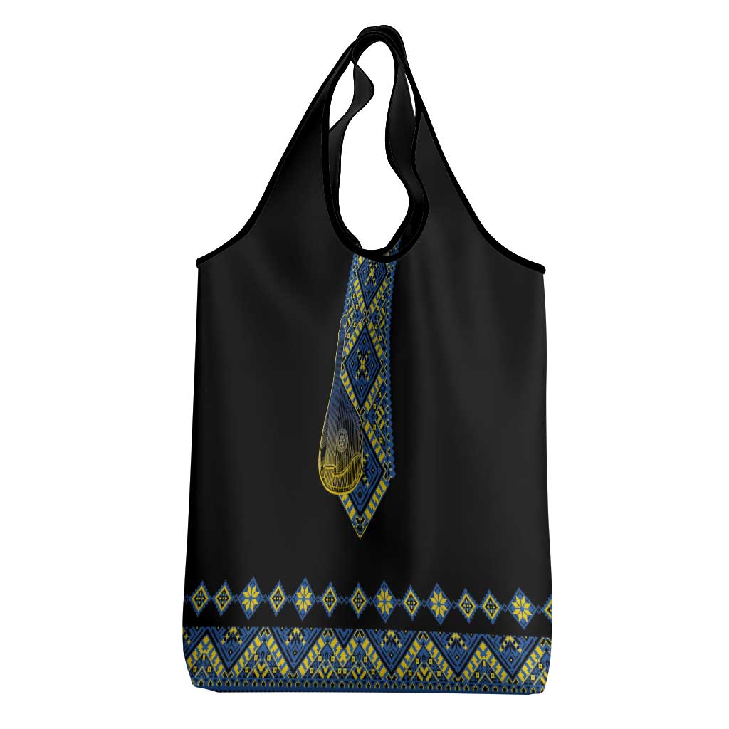 Ukraine Bandura Vyshyvanka Pattern Grocery Bag Ukrainian Heritage Folk Black Version - Wonder Print Shop