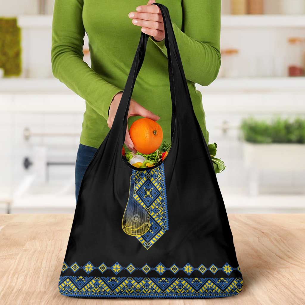 Ukraine Bandura Vyshyvanka Pattern Grocery Bag Ukrainian Heritage Folk Black Version - Wonder Print Shop