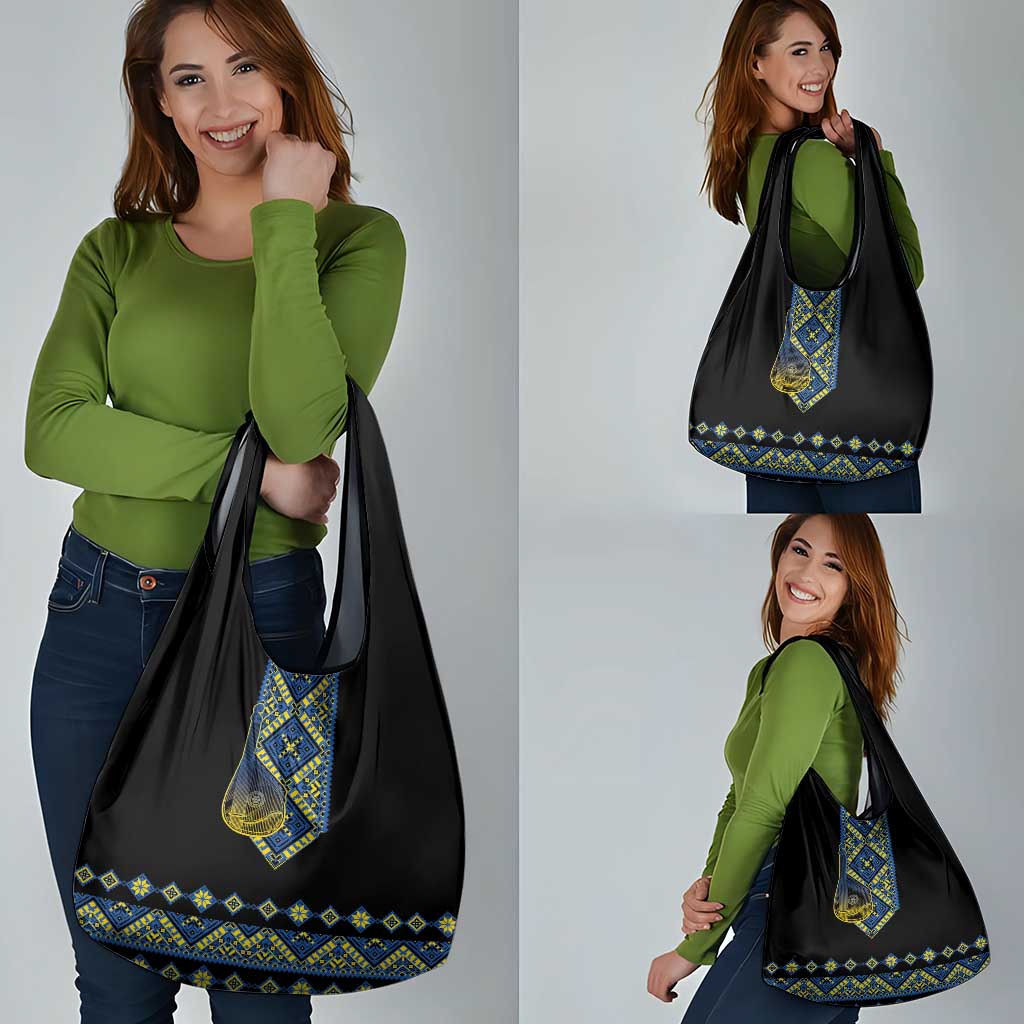 Ukraine Bandura Vyshyvanka Pattern Grocery Bag Ukrainian Heritage Folk Black Version - Wonder Print Shop