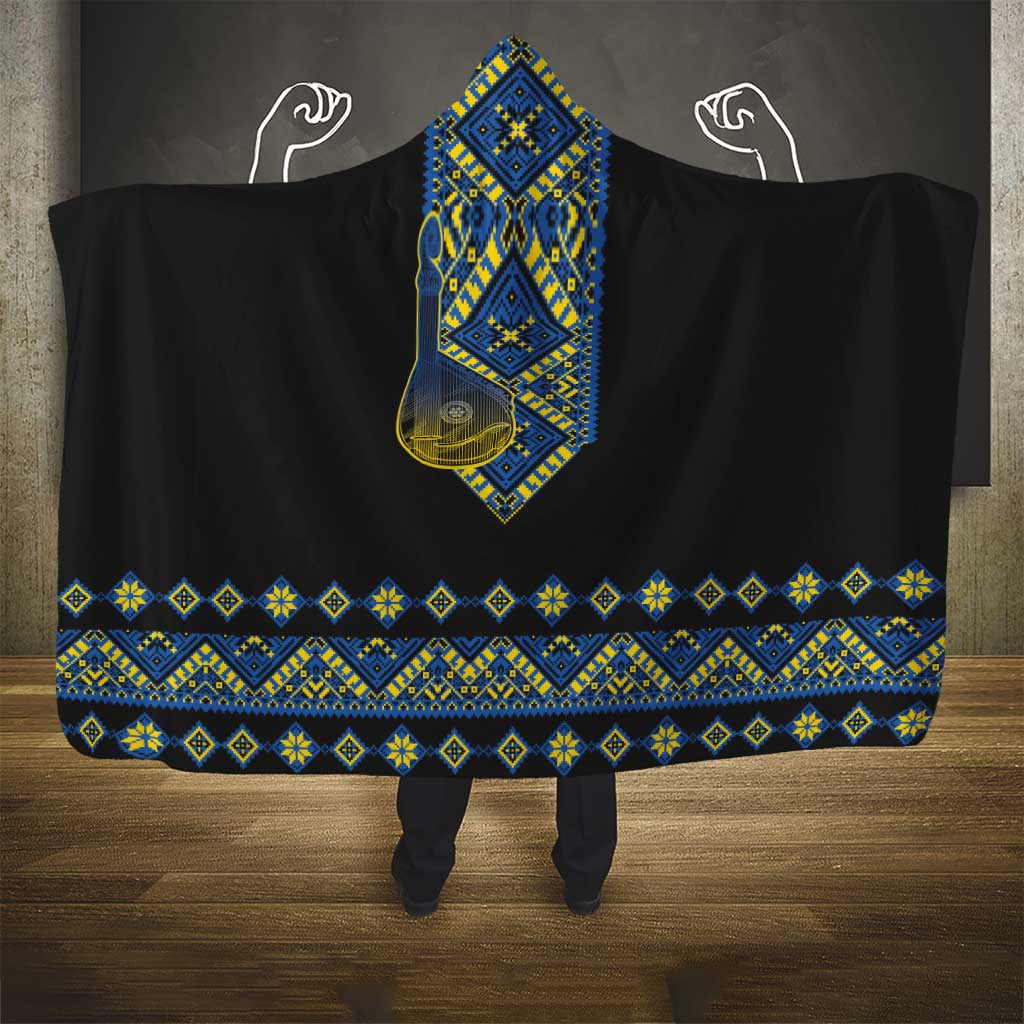 Ukraine Bandura Vyshyvanka Pattern Hooded Blanket Ukrainian Heritage Folk Black Version - Wonder Print Shop