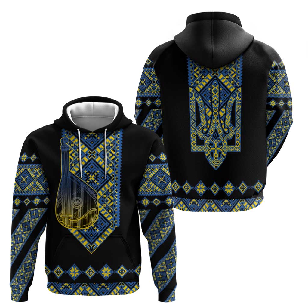 Ukraine Bandura Vyshyvanka Pattern Hoodie Ukrainian Heritage Folk Black Version - Wonder Print Shop