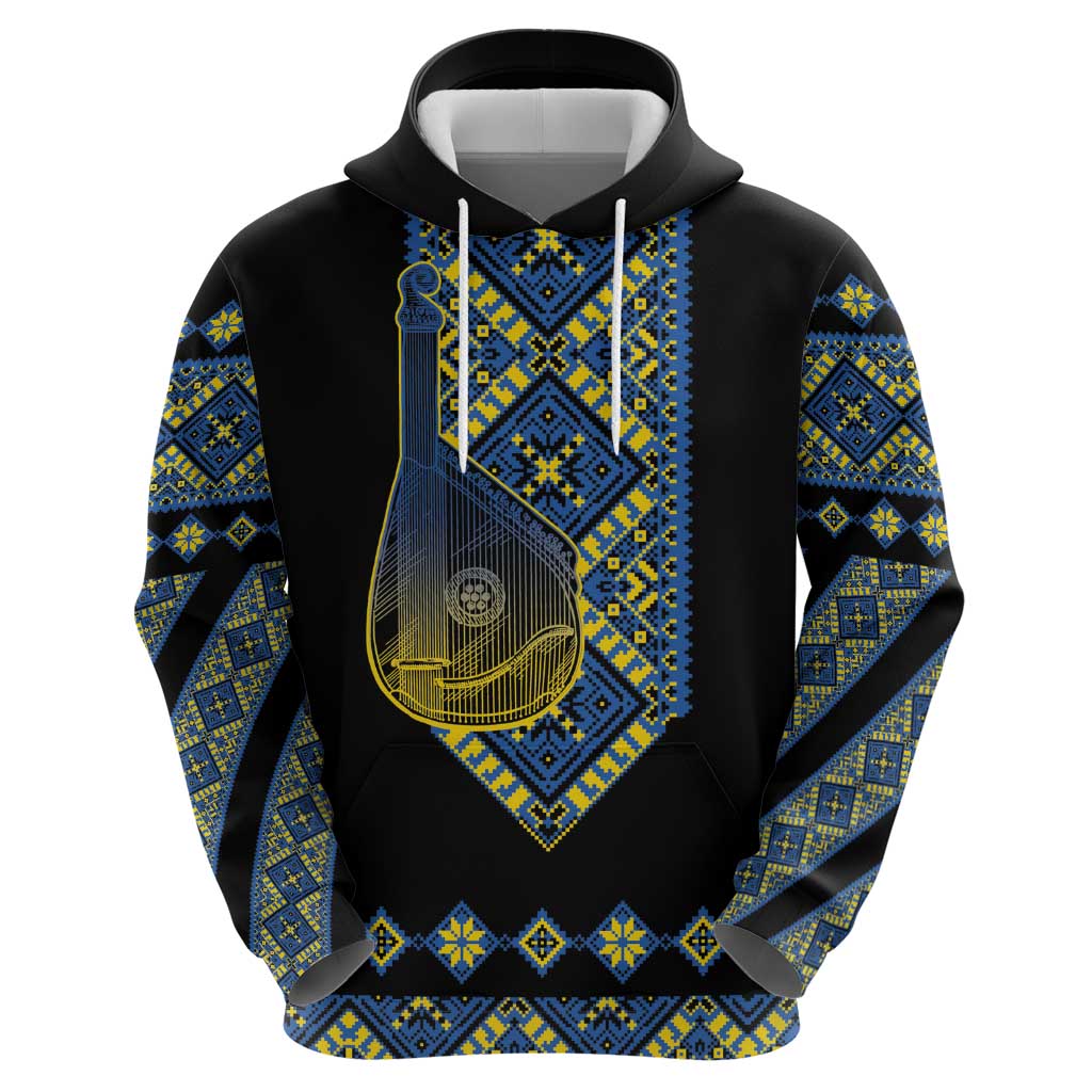 Ukraine Bandura Vyshyvanka Pattern Hoodie Ukrainian Heritage Folk Black Version - Wonder Print Shop