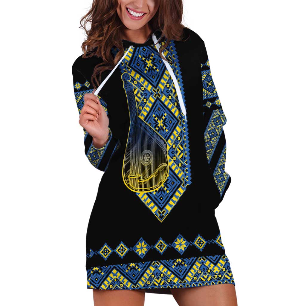 Ukraine Bandura Vyshyvanka Pattern Hoodie Dress Ukrainian Heritage Folk Black Version - Wonder Print Shop