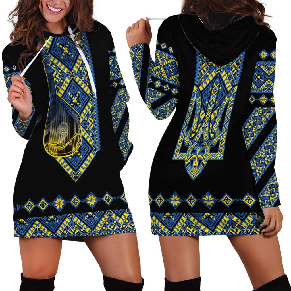 Ukraine Bandura Vyshyvanka Pattern Hoodie Dress Ukrainian Heritage Folk Black Version - Wonder Print Shop