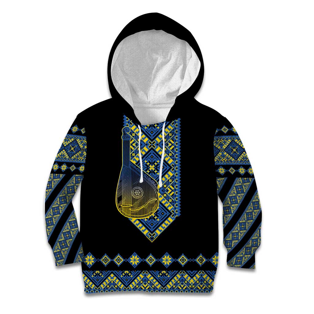 Ukraine Bandura Vyshyvanka Pattern Kid Hoodie Ukrainian Heritage Folk Black Version - Wonder Print Shop
