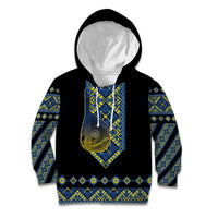 Ukraine Bandura Vyshyvanka Pattern Kid Hoodie Ukrainian Heritage Folk Black Version - Wonder Print Shop