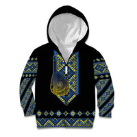 Ukraine Bandura Vyshyvanka Pattern Kid Hoodie Ukrainian Heritage Folk Black Version - Wonder Print Shop