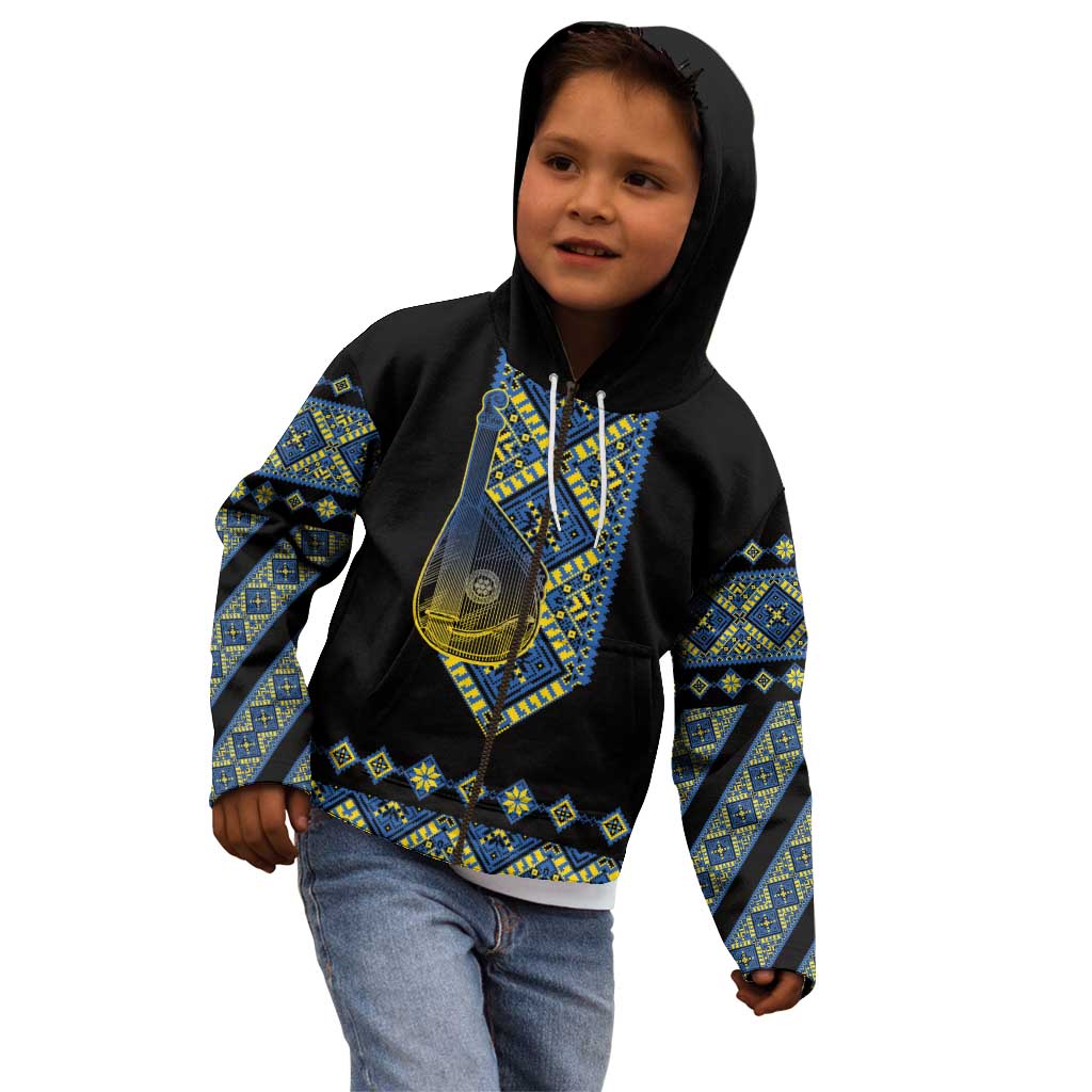 Ukraine Bandura Vyshyvanka Pattern Kid Hoodie Ukrainian Heritage Folk Black Version - Wonder Print Shop