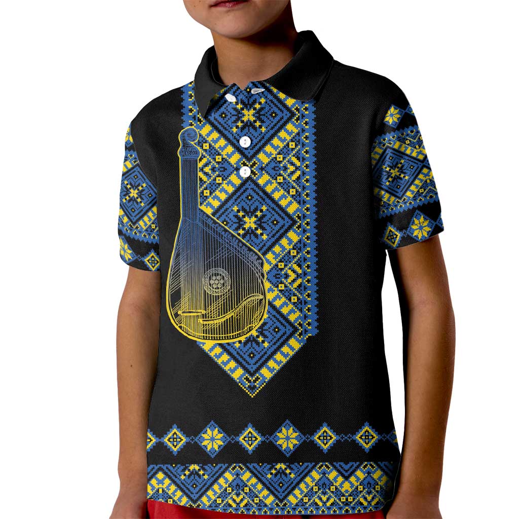 Ukraine Bandura Vyshyvanka Pattern Kid Polo Shirt Ukrainian Heritage Folk Black Version - Wonder Print Shop