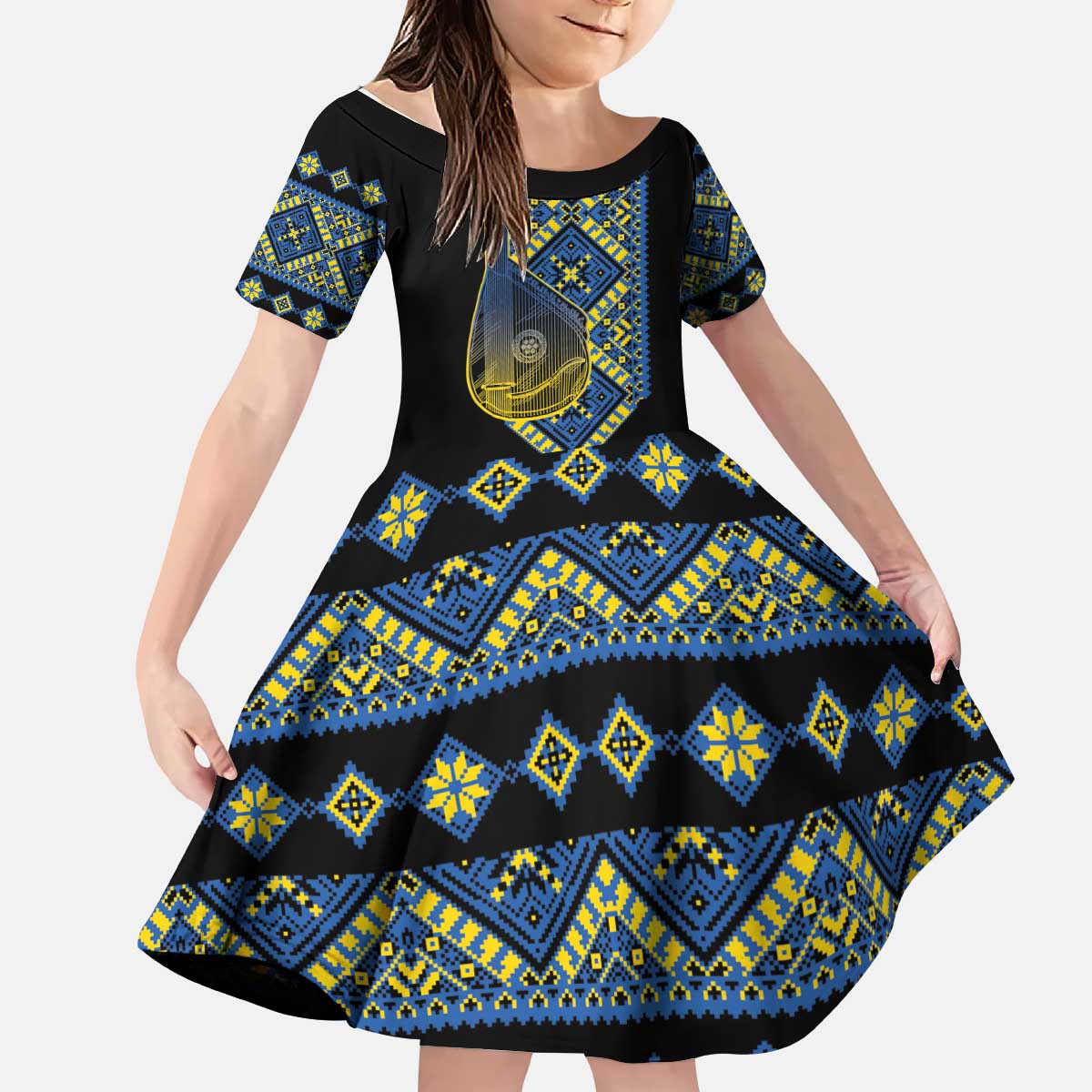Ukraine Bandura Vyshyvanka Pattern Kid Short Sleeve Dress Ukrainian Heritage Folk Black Version - Wonder Print Shop