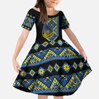 Ukraine Bandura Vyshyvanka Pattern Kid Short Sleeve Dress Ukrainian Heritage Folk Black Version - Wonder Print Shop