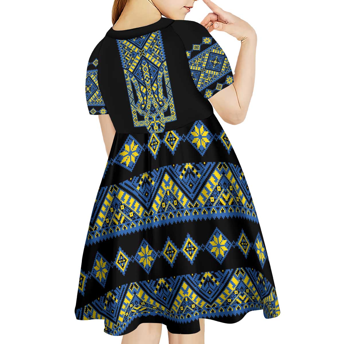 Ukraine Bandura Vyshyvanka Pattern Kid Short Sleeve Dress Ukrainian Heritage Folk Black Version - Wonder Print Shop