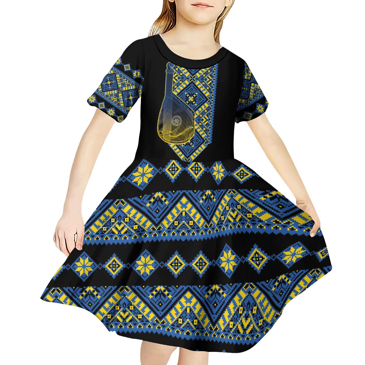 Ukraine Bandura Vyshyvanka Pattern Kid Short Sleeve Dress Ukrainian Heritage Folk Black Version - Wonder Print Shop