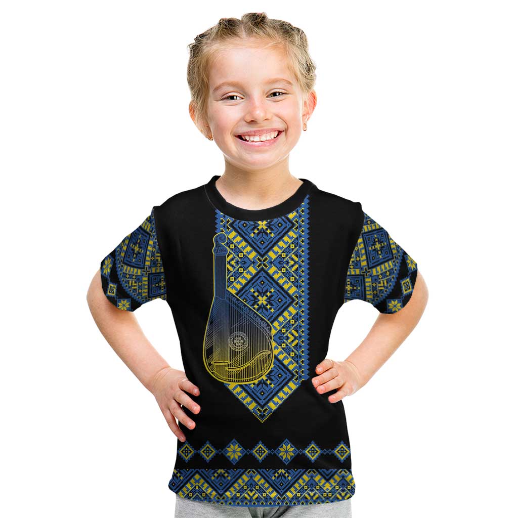 Ukraine Bandura Vyshyvanka Pattern Kid T Shirt Ukrainian Heritage Folk Black Version - Wonder Print Shop