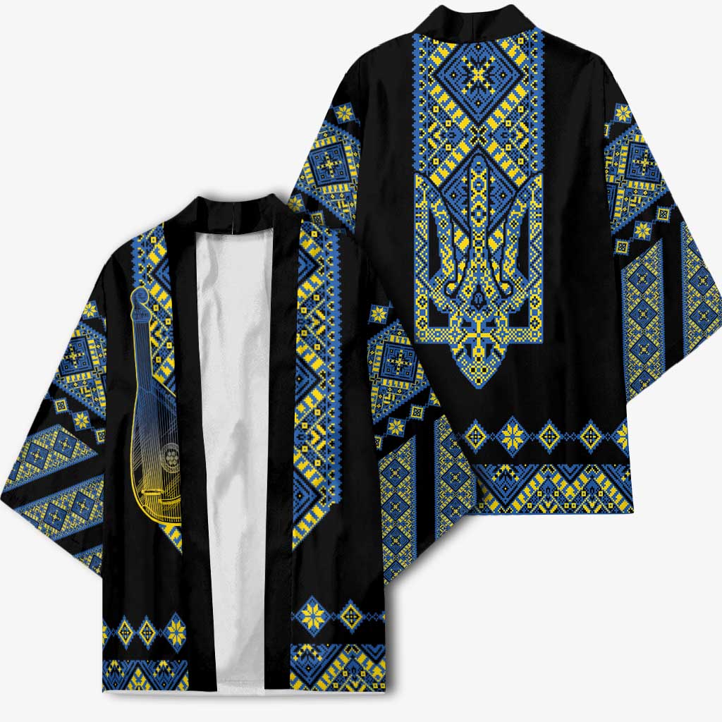 Ukraine Bandura Vyshyvanka Pattern Kimono Ukrainian Heritage Folk Black Version - Wonder Print Shop