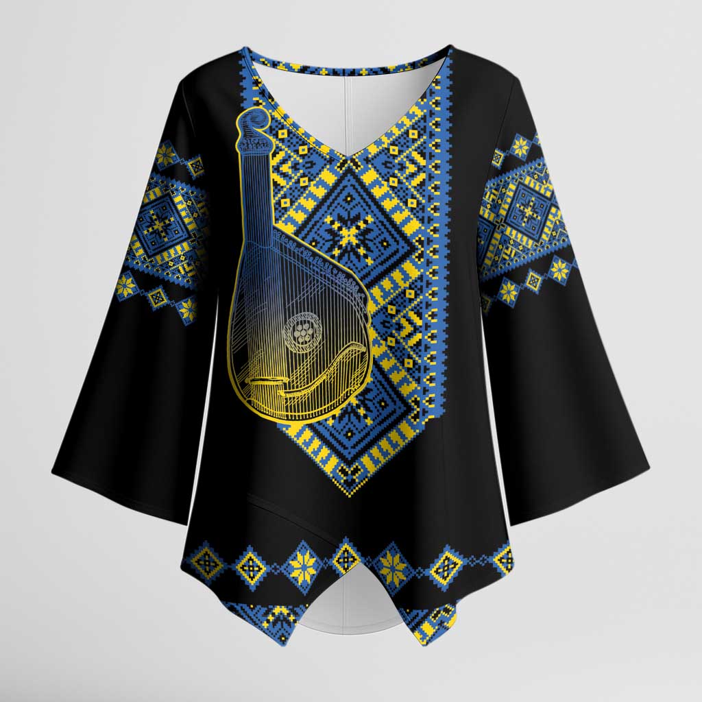 Ukraine Bandura Vyshyvanka Pattern Kimono Sleeve Blouse Ukrainian Heritage Folk Black Version - Wonder Print Shop