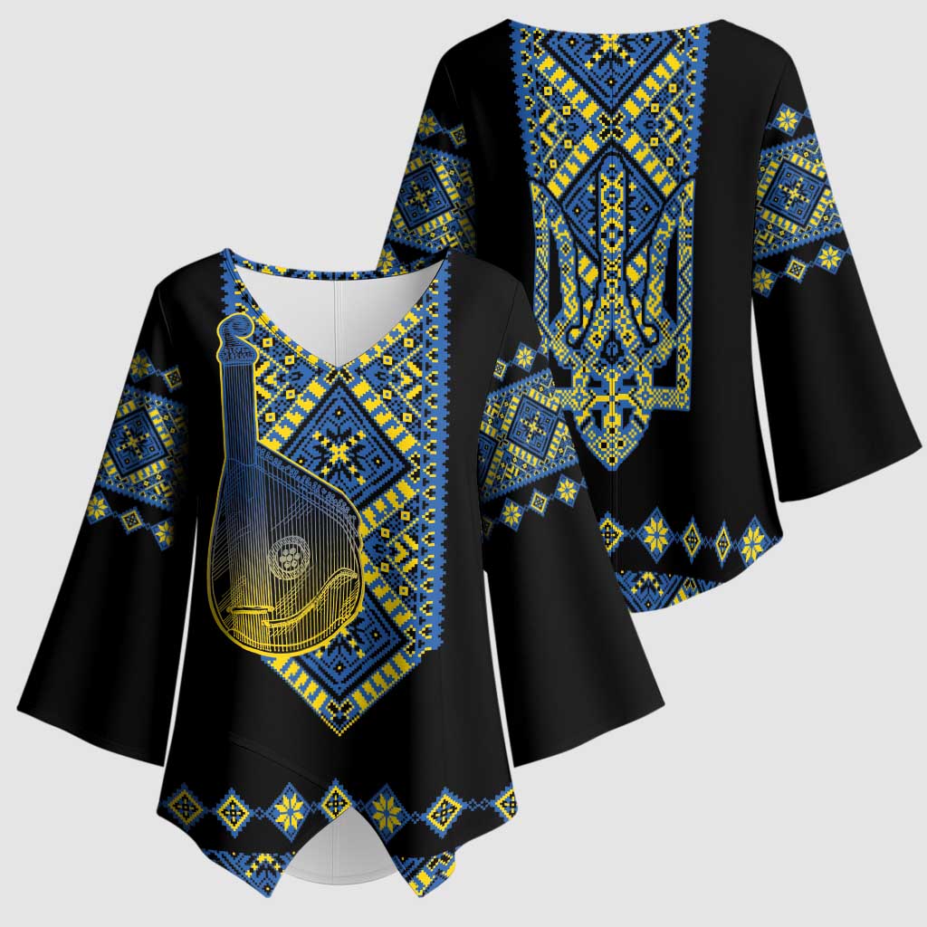 Ukraine Bandura Vyshyvanka Pattern Kimono Sleeve Blouse Ukrainian Heritage Folk Black Version - Wonder Print Shop