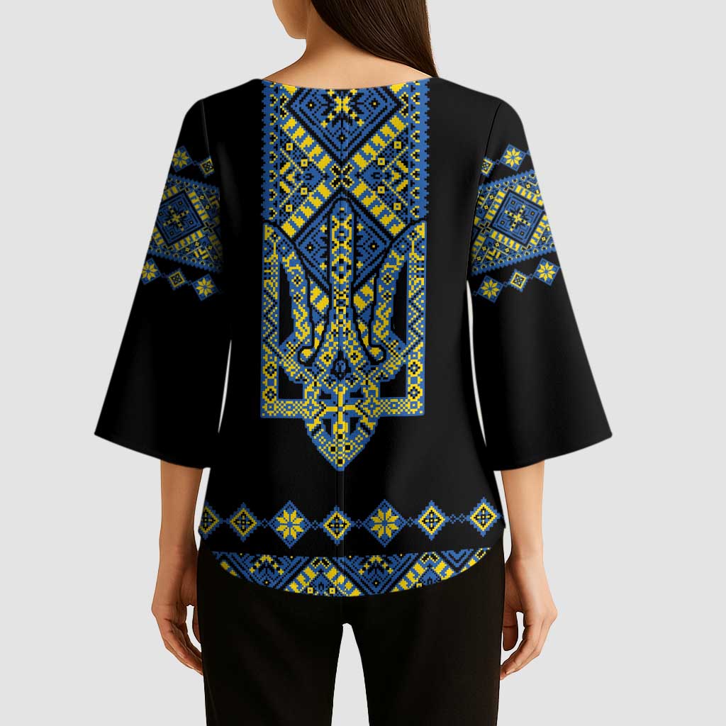 Ukraine Bandura Vyshyvanka Pattern Kimono Sleeve Blouse Ukrainian Heritage Folk Black Version - Wonder Print Shop