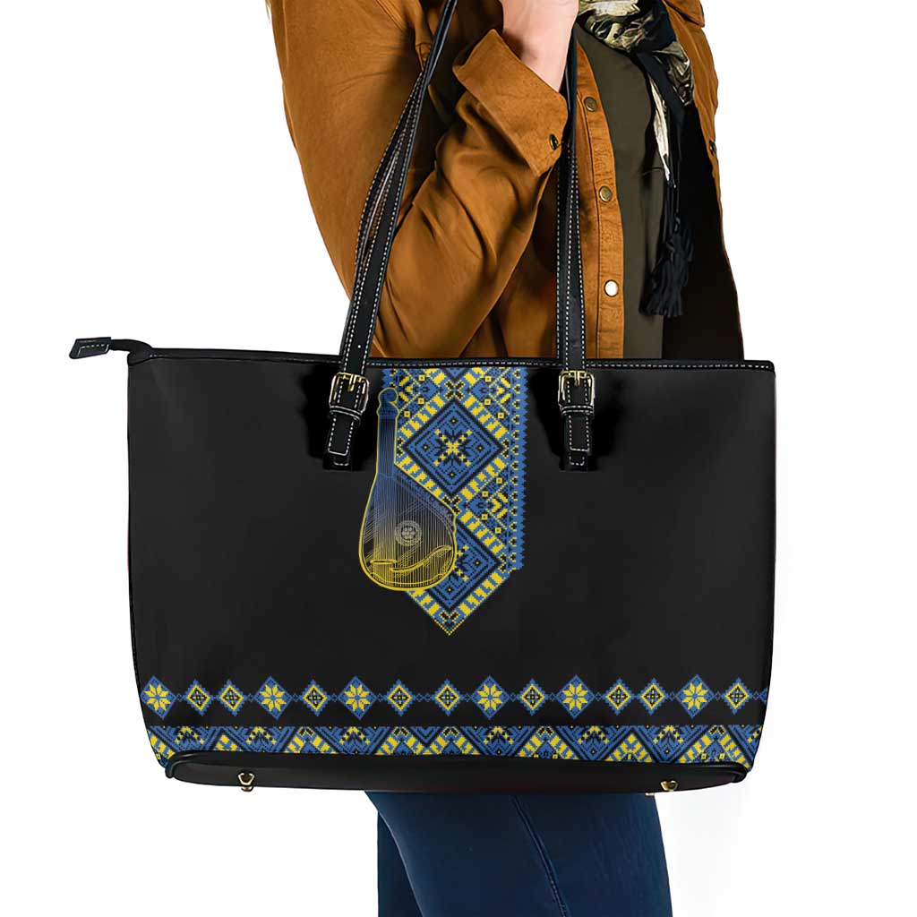 Ukraine Bandura Vyshyvanka Pattern Leather Tote Bag Ukrainian Heritage Folk Black Version - Wonder Print Shop