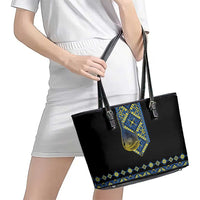 Ukraine Bandura Vyshyvanka Pattern Leather Tote Bag Ukrainian Heritage Folk Black Version - Wonder Print Shop