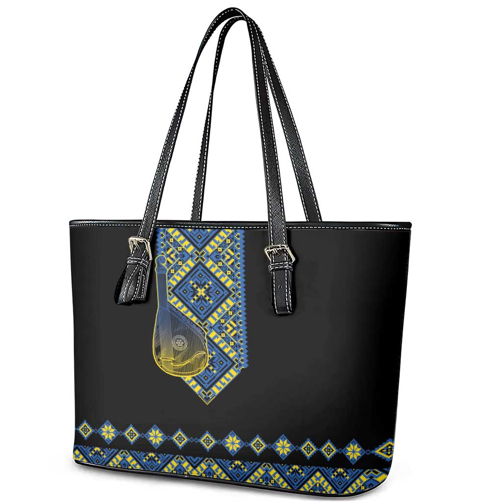 Ukraine Bandura Vyshyvanka Pattern Leather Tote Bag Ukrainian Heritage Folk Black Version - Wonder Print Shop