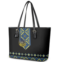 Ukraine Bandura Vyshyvanka Pattern Leather Tote Bag Ukrainian Heritage Folk Black Version - Wonder Print Shop