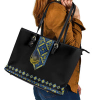Ukraine Bandura Vyshyvanka Pattern Leather Tote Bag Ukrainian Heritage Folk Black Version - Wonder Print Shop