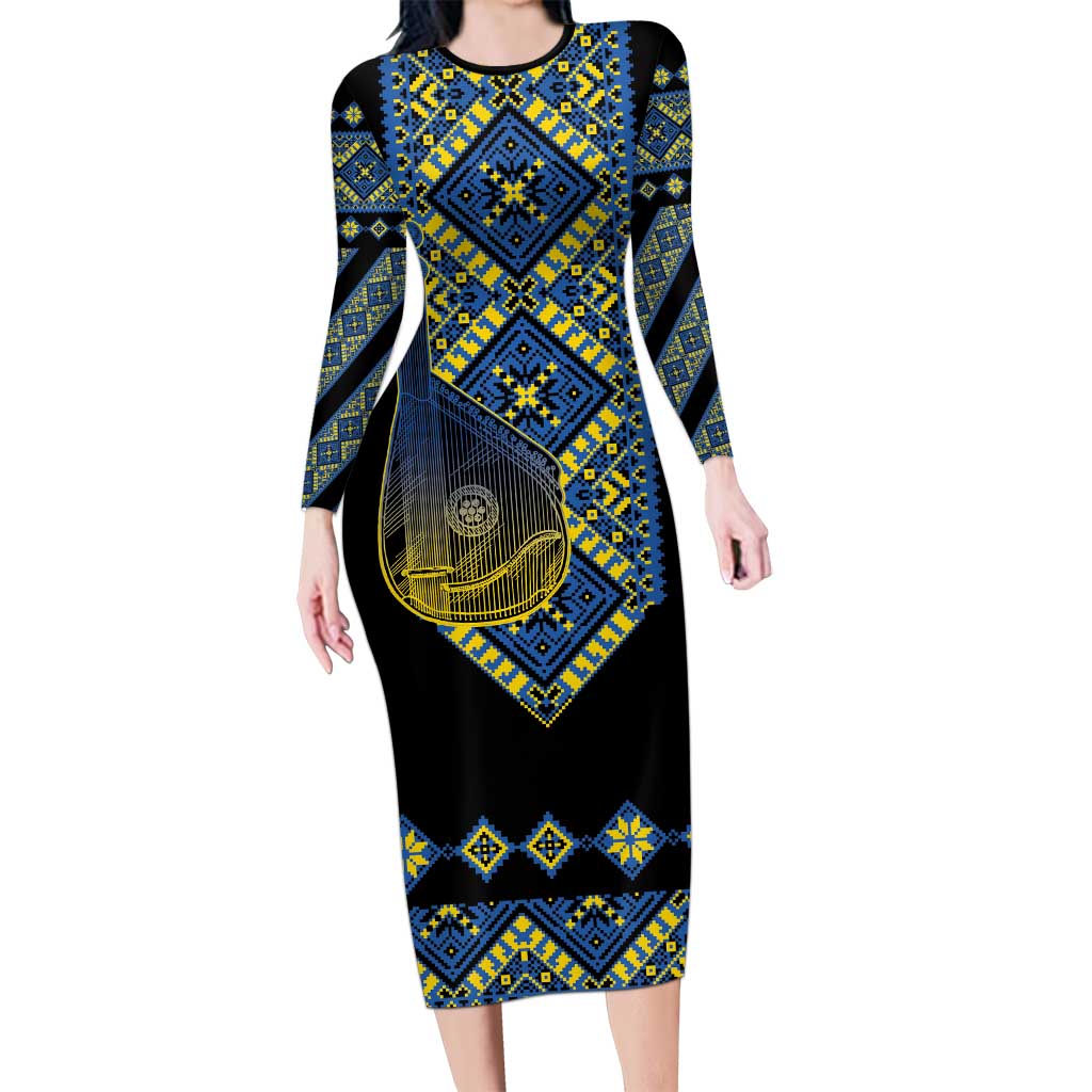 Ukraine Bandura Vyshyvanka Pattern Long Sleeve Bodycon Dress Ukrainian Heritage Folk Black Version - Wonder Print Shop