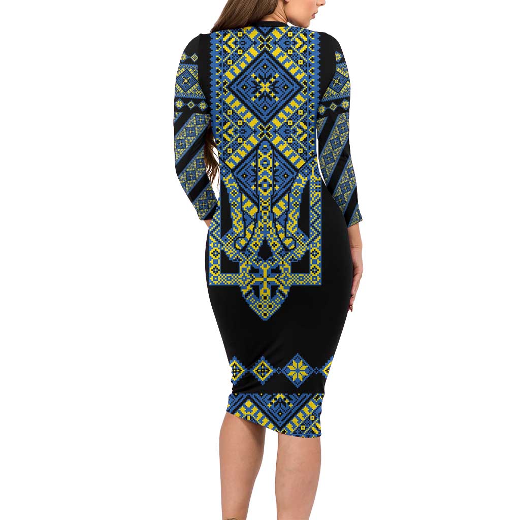 Ukraine Bandura Vyshyvanka Pattern Long Sleeve Bodycon Dress Ukrainian Heritage Folk Black Version - Wonder Print Shop