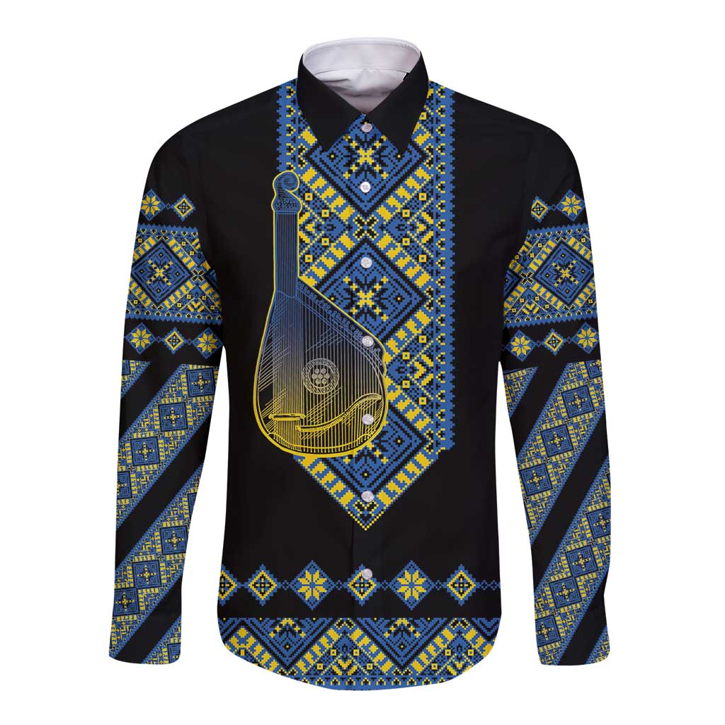Ukraine Bandura Vyshyvanka Pattern Long Sleeve Button Shirt Ukrainian Heritage Folk Black Version - Wonder Print Shop