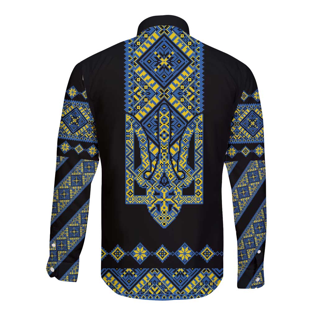 Ukraine Bandura Vyshyvanka Pattern Long Sleeve Button Shirt Ukrainian Heritage Folk Black Version - Wonder Print Shop