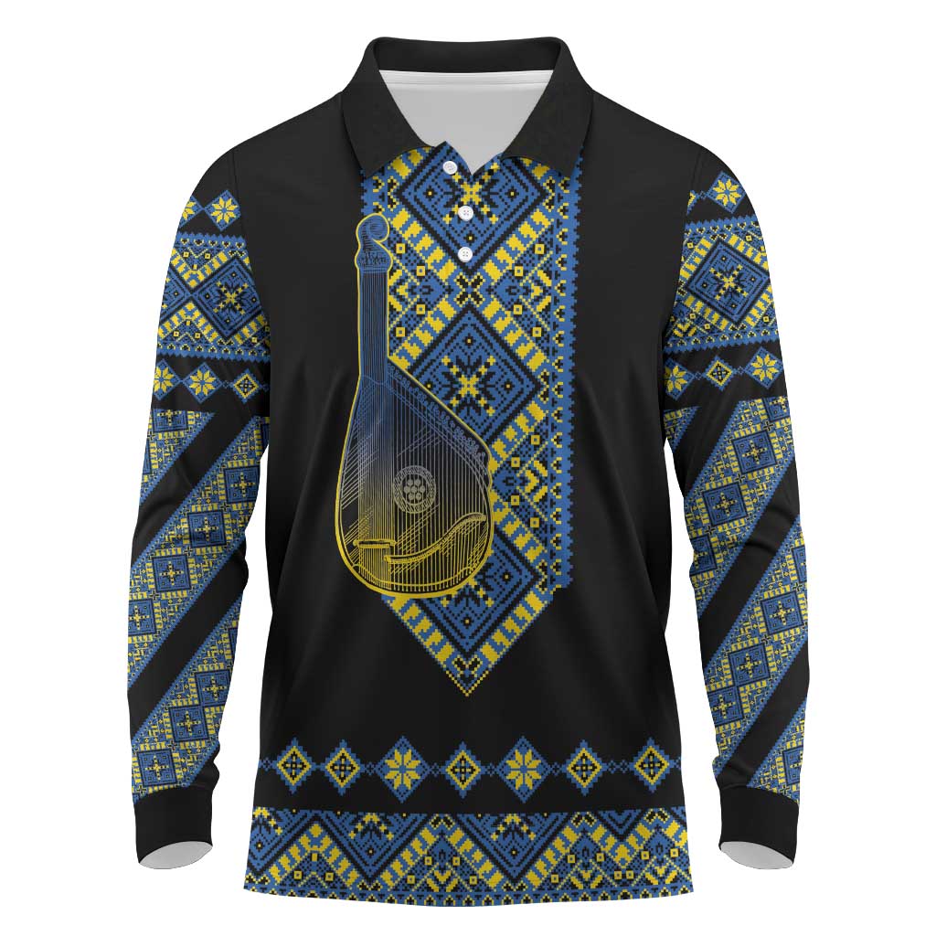 Ukraine Bandura Vyshyvanka Pattern Long Sleeve Polo Shirt Ukrainian Heritage Folk Black Version - Wonder Print Shop