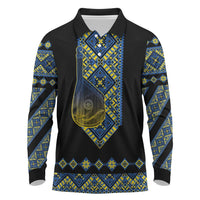 Ukraine Bandura Vyshyvanka Pattern Long Sleeve Polo Shirt Ukrainian Heritage Folk Black Version - Wonder Print Shop