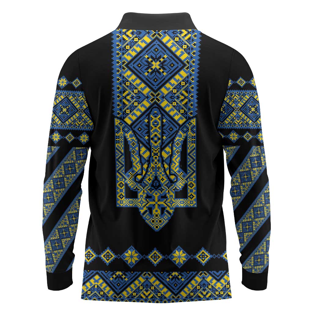 Ukraine Bandura Vyshyvanka Pattern Long Sleeve Polo Shirt Ukrainian Heritage Folk Black Version - Wonder Print Shop