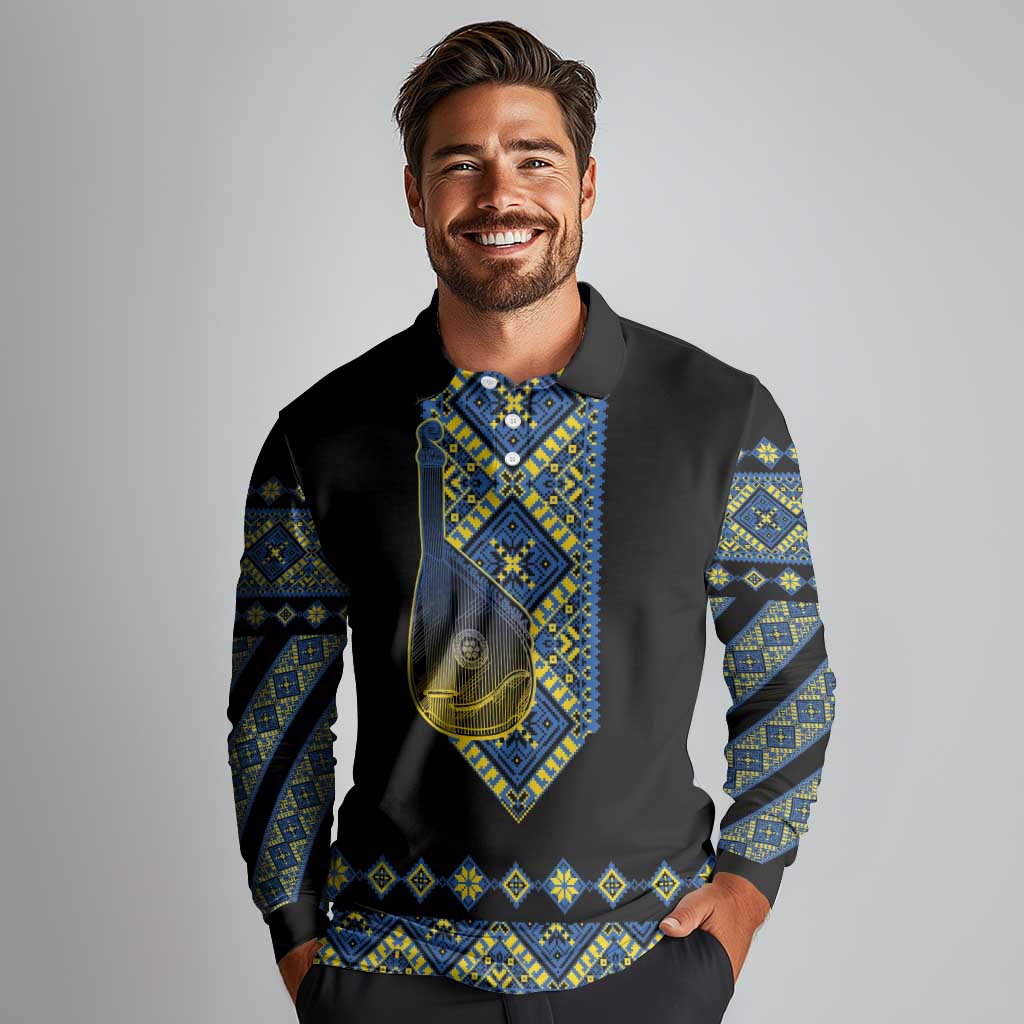 Ukraine Bandura Vyshyvanka Pattern Long Sleeve Polo Shirt Ukrainian Heritage Folk Black Version - Wonder Print Shop